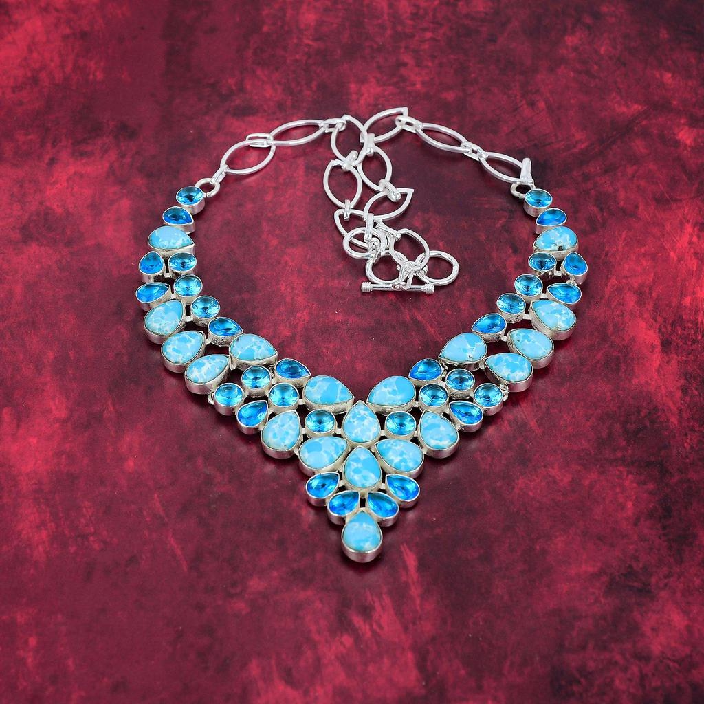 Larimar, Blå Topas Halsband Ädelstenssmycken, 925 Massivt Sterling Silver Handgjort Halsband, Senaste Design Smycken