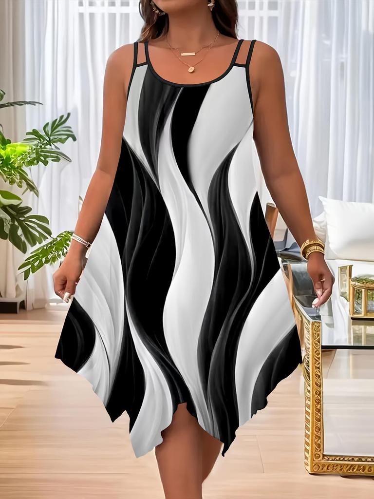 2025 Plus Size Summer Dress: European & American Style with Double Straps and Random Print