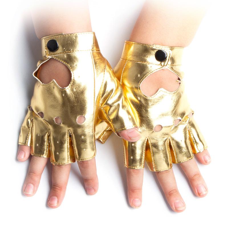 Nightclub Pole Dance Performance Gloves Female Patent Leather Half Fingered Star Dress PU Imitation Leather Peach Heart Rivet Street Dance
