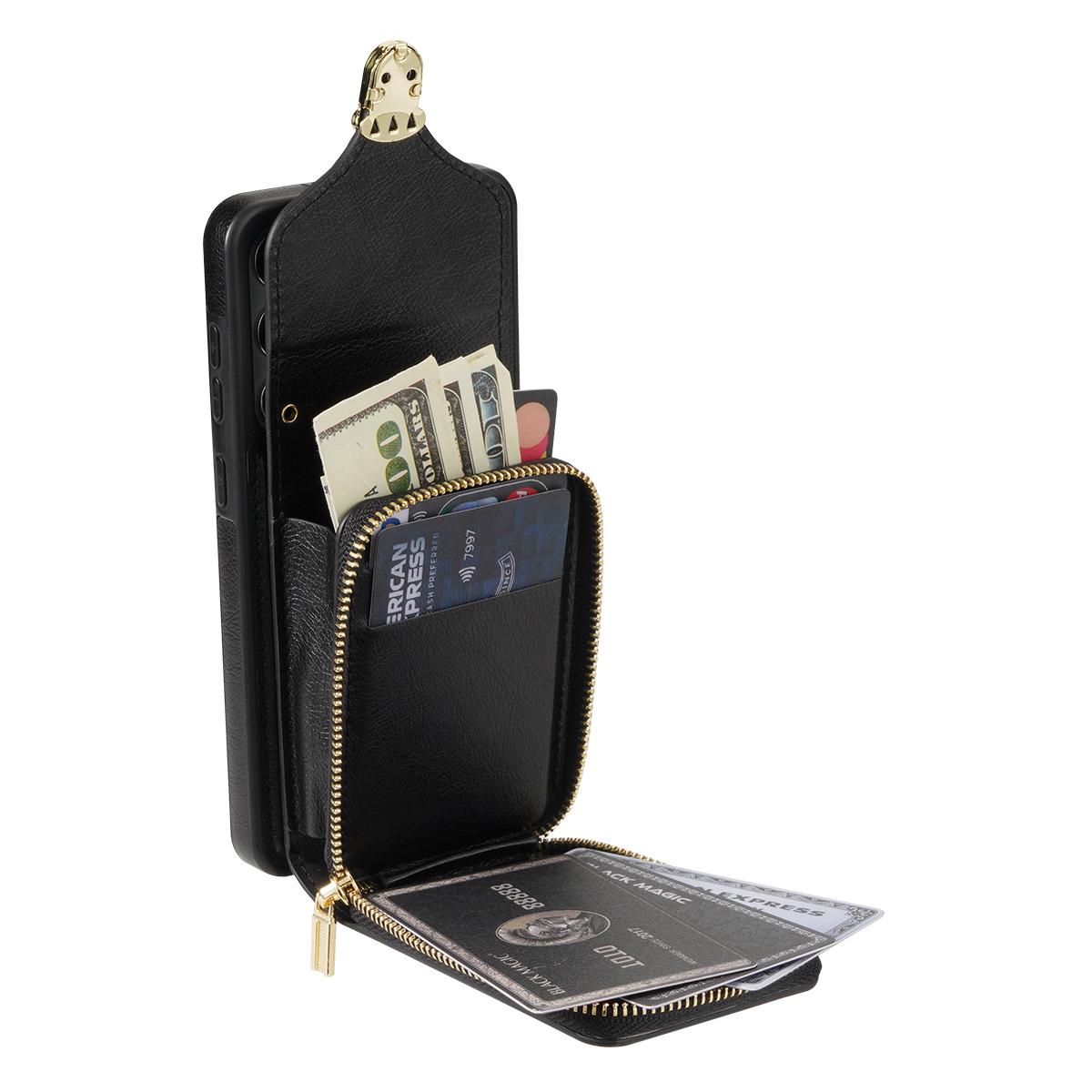 

For Samsung Galaxy A14 4G/5G Kickstand Zipper Card Holder Phone Case PU Leather Coated TPU Back Cover Black