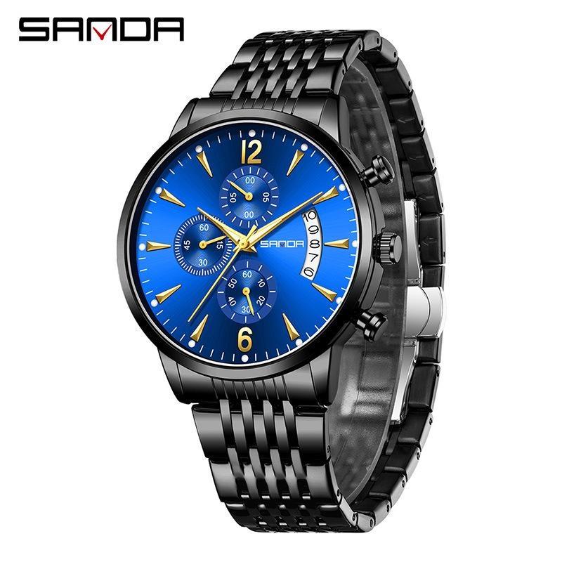 SANDA Fashion Men Chronograph Wristwatches Stainless Steel Waterproof Luminous Man Watch Date Quartz Business Men's Watches