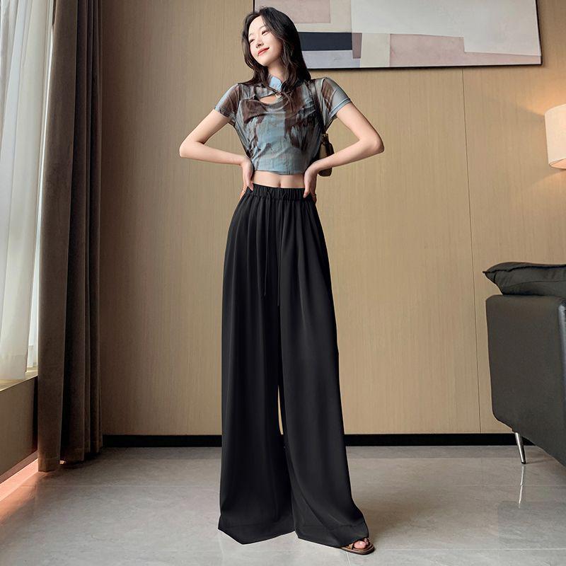 

Women s 2026 Summer Wide-Leg Acetate Pants: Elastic Waist, Draping, Figure-Flattering, Straight Floor-Length Casual Trousers S (Runs Large, Order a Size Down) чёрный