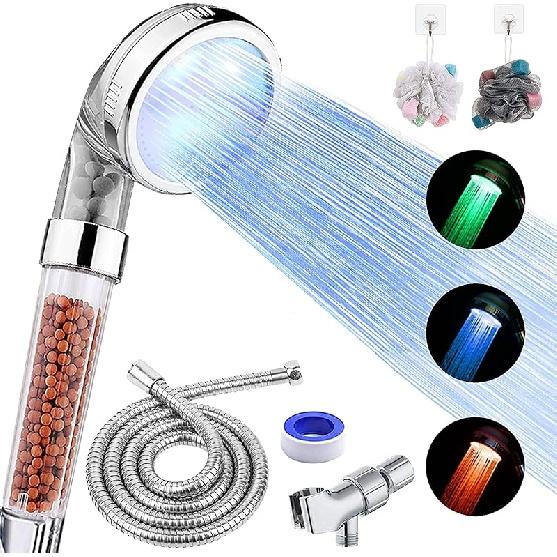 LED Shower Head with Handheld, High Pressure Shower Head with Hose, Holder & PTFE Tape etc, 3 Water Temperature-Controlled Water Saving Filtered A-LED shower head