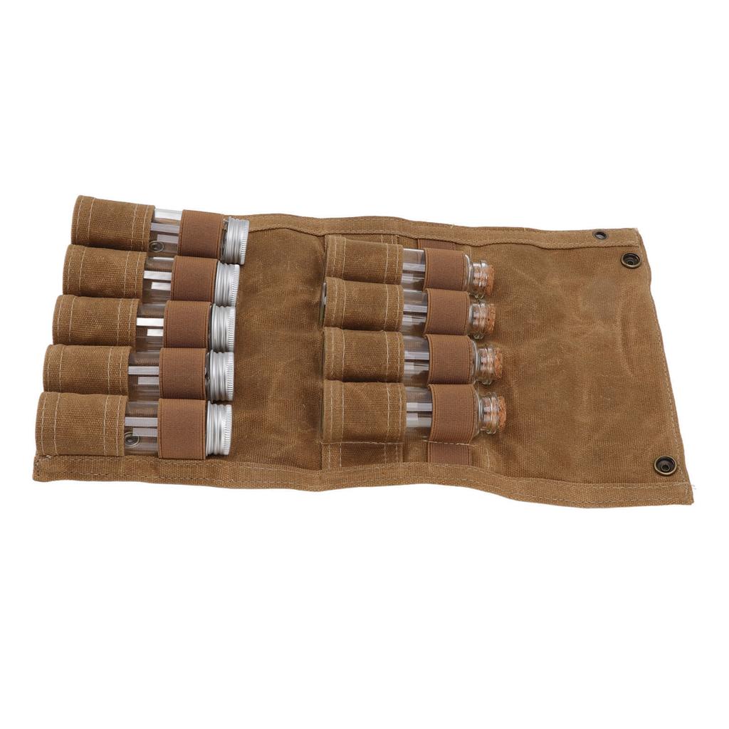 Spice Bottle Bag Wet Wax Canvas Portable Seasoning Storage Bag with 9 Glass Seasoning Bottle for Outdoor Camping Khaki