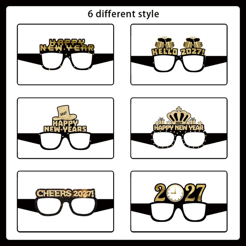 6/12/18Pcs 2027 Happy New Year Party Paper Glasses Black Gold Glitter For New Years Eve Gatherings Photo Booth Props