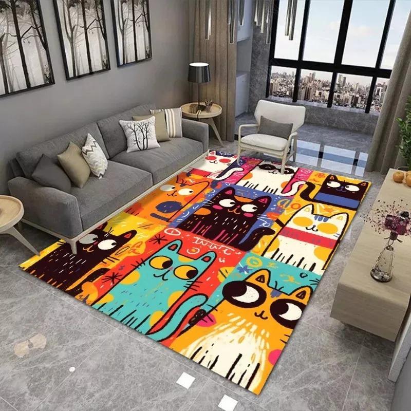Painting Style Kitten Carpet Large Area Rug Suitable for Living Room and Bedroom Mats Anti Slip and Wear-resistant Soft Rug