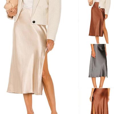 Καλοκαιρινή Κομψή Εφαρμοστή Μονόχρωμη Σατέν Casual Μακριά Φούστα Γυναικεία Κομψή Σχισμένη Temperament Α-γραμμή Χαλαρή Φούστα Γυναικεία Μόδα Ψηλόμεση Φούστα Κυριών 26562