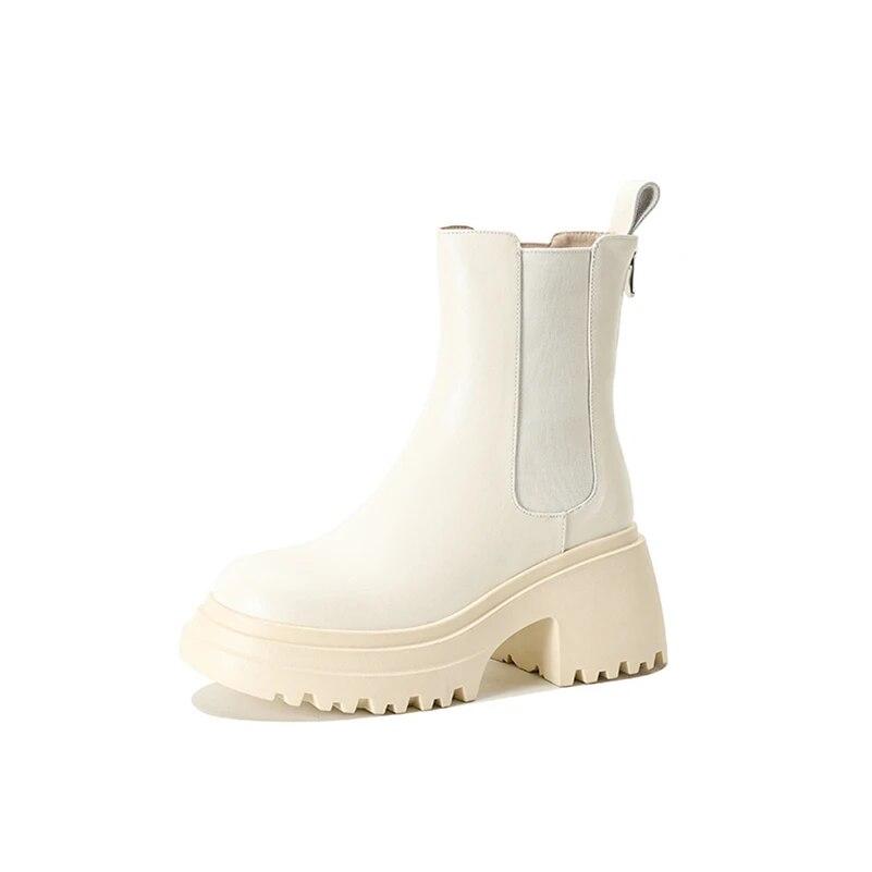 

Meotina/женские ботильоны из натуральной кожи, шерстяные ботинки челси с круглым носком на высоком каблуке и молнией, женская модная обувь, зимняя обувь 34 бежевый