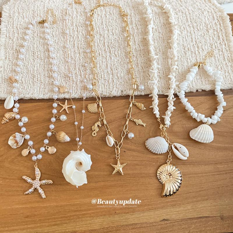 Sea Breeze Whispering~ Star Shell Conch Pearl Necklace Bracelet Set Sweet Holiday Wind Huge Good-looking Jewelry Women