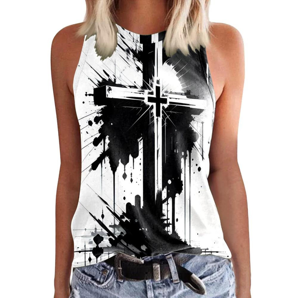 

Women s 3D Jesus Cross print sleeveless T-shirt, round neck off shoulder retro casual vest, Y2K sleeveless top, T-shirt, women s clothing XL