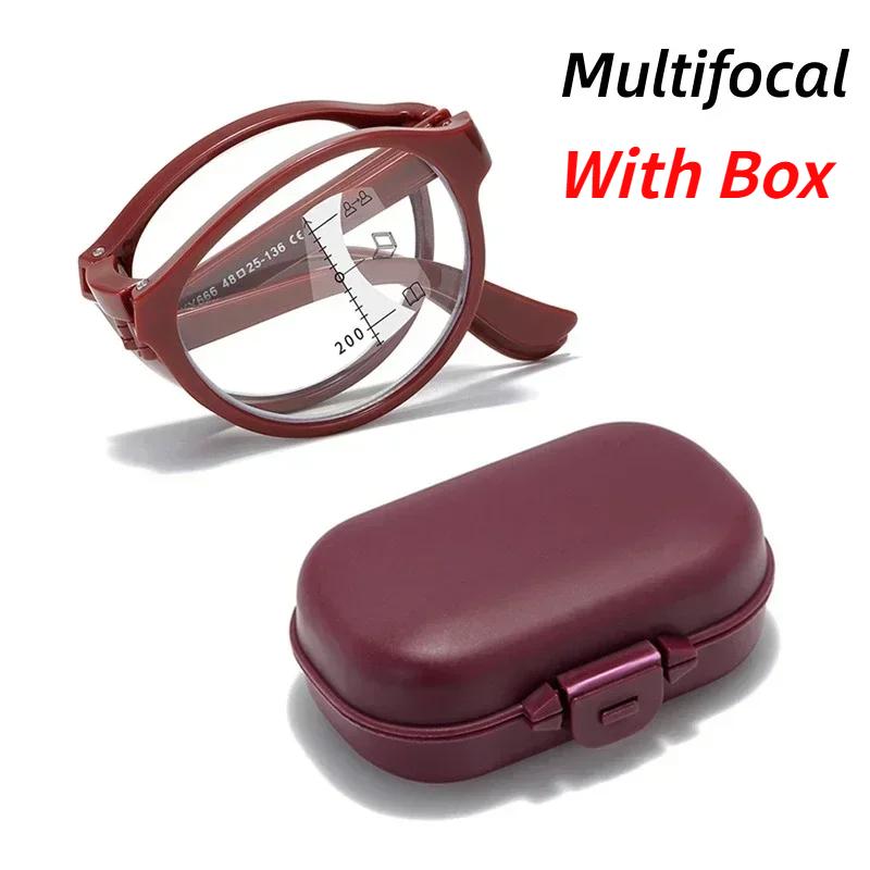 Fashion Trendy Folding Glasses with Box Round Frame Multifocal Reading Glasses Unisex Near Far Presbyopia Eyewear +1.0 To +4.0