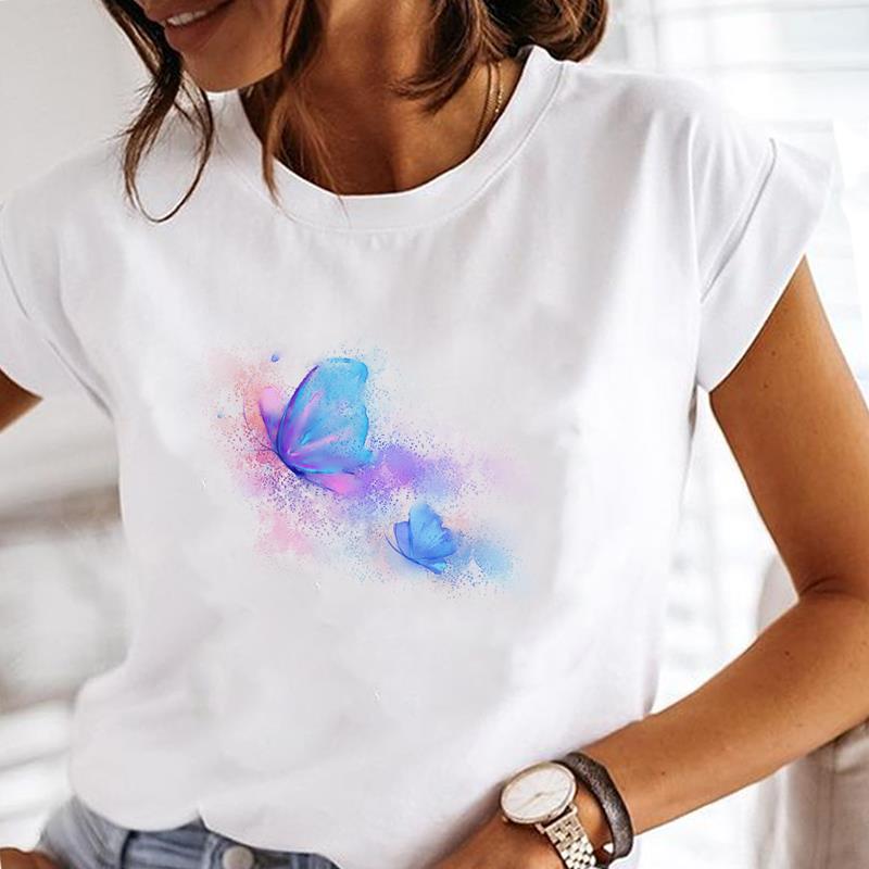 (Europäische Größe) Schmetterling T-Shirt Oberteil Aquarell Süß O-Ausschnitt Kleidung Mode T-Shirt Lässig Kurzarm Damen Druck Dame Weiblich Grafik T-Shirt