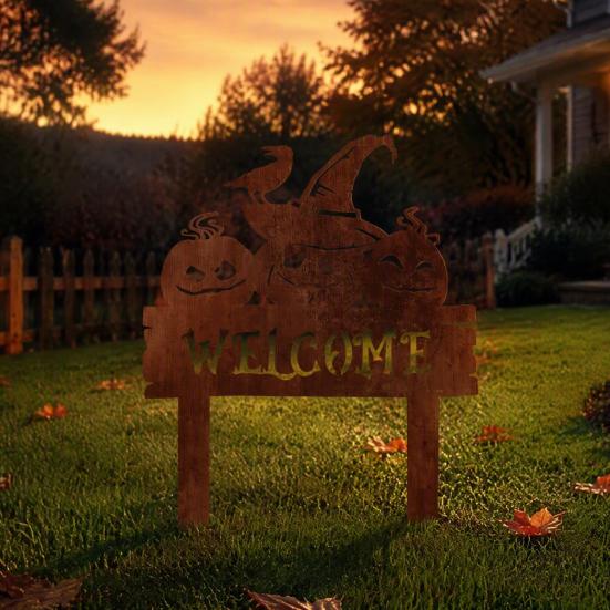Halloween Landscape Accents Rusty Metal Pumpkin Garden Stake, Spooky Evil Face Welcome Yard Sign, Silhouette Stakes Outdoor Decorative Lawn