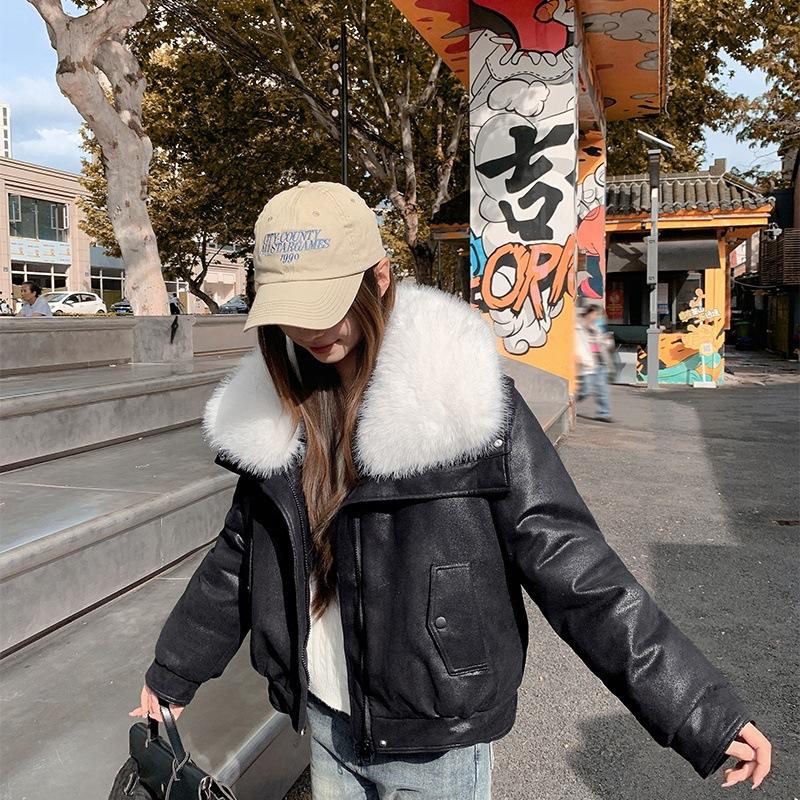 Women's Short Loose PU Winter Jacket Suede Bronzing Big Fur Collar