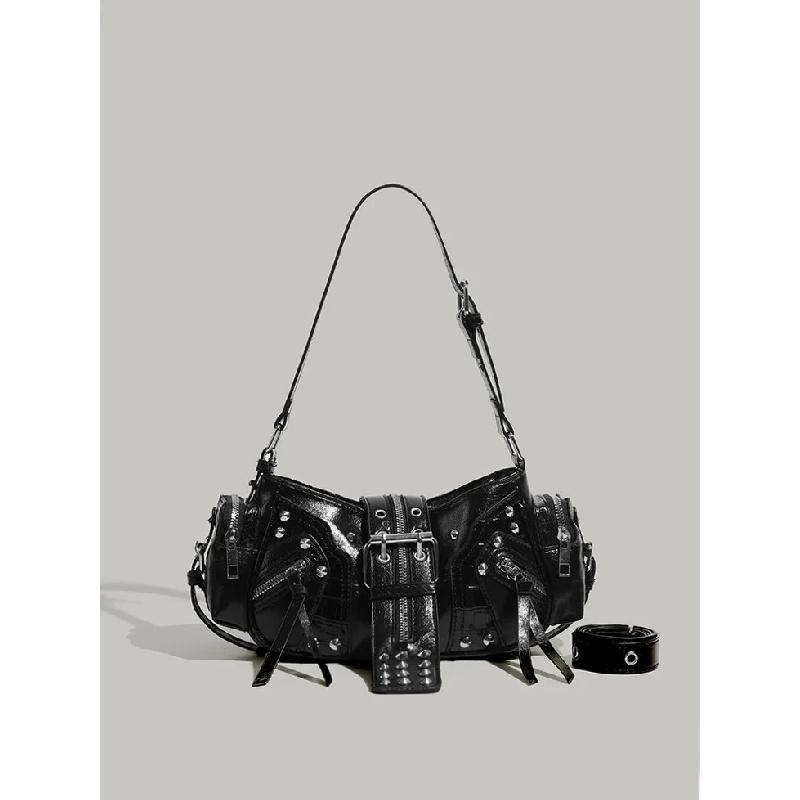 Women's Y2k Punk Vintage Shoulder Purse PU Leather Gothic Rivet Handbag Waist Bag Luxury Black Cross Body Bags with Spikes