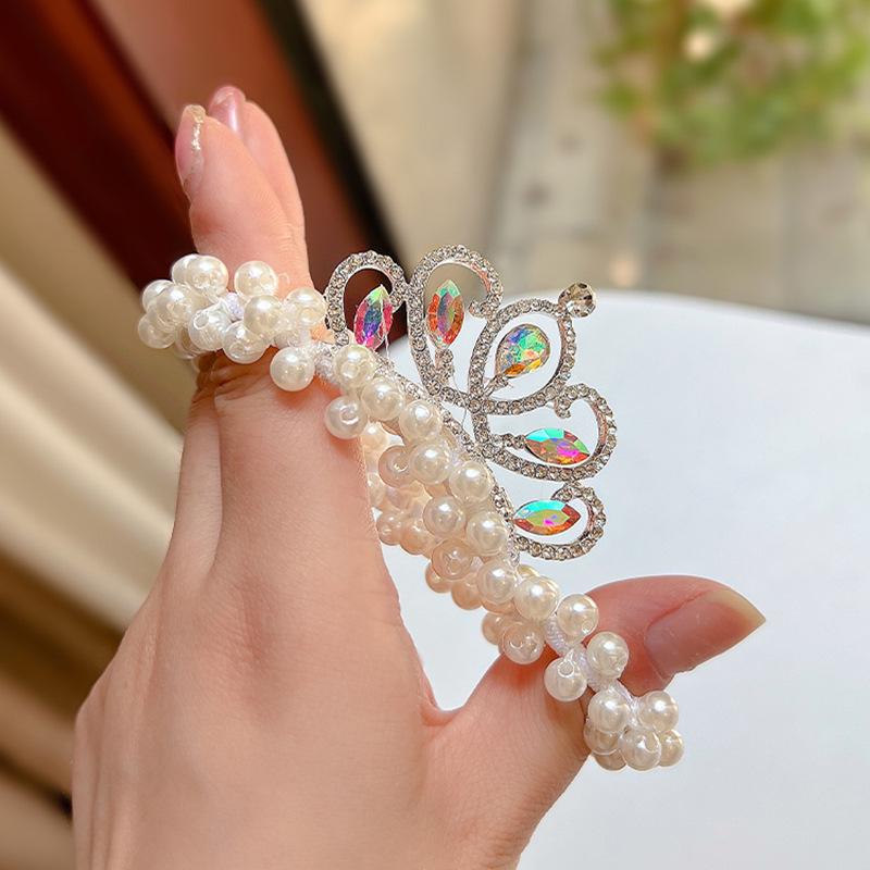 Pearl Crown High Ponytail Hair Ring for Girls - Cute Elastic Headband Accessory for Children