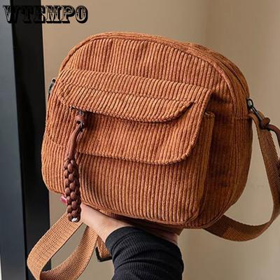 Retro and Versatile Harajuku Corduroy Shoulder Cross Bag for Female Students Simple Casual Striped Phone Bag