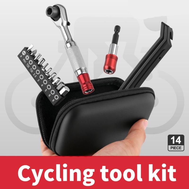 Tragbares 14-teiliges Fahrrad-Wartungswerkzeug Multifunktionales Reparaturset Ratsche Griffschlüssel Reifenheber Enthalten