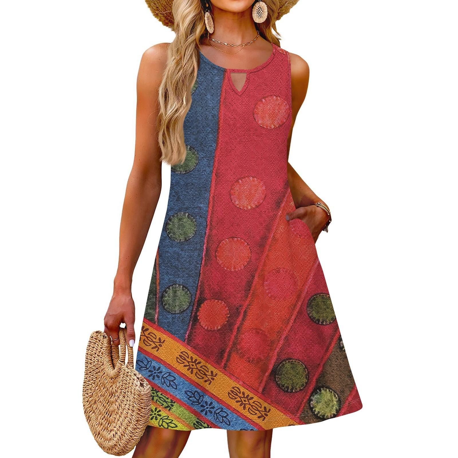 

Женское модное повседневное летнее винтажное платье с цветными блоками, пэчворк-принтом и карманом, пляжное праздничное платье-жилет S киноварь