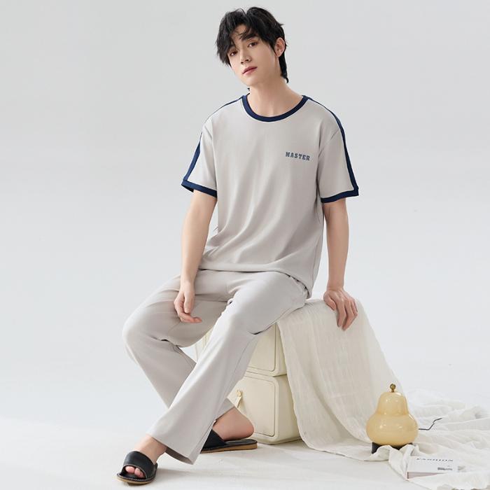 2025 Spring Summer Pure Cotton Solid Leisure Men's Pajamas Set Elastic Waist Boys Sleepwear Short Sleeve Tops and Long Pants Soft Pijama Home Wear