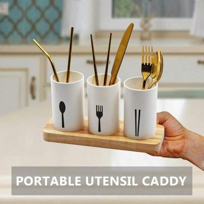 4 Pieces Practical Wood Base Chopsticks Storage Rack High-grade White Spoon Fork Drain Box Drying Flatware Organizer for Kitchen