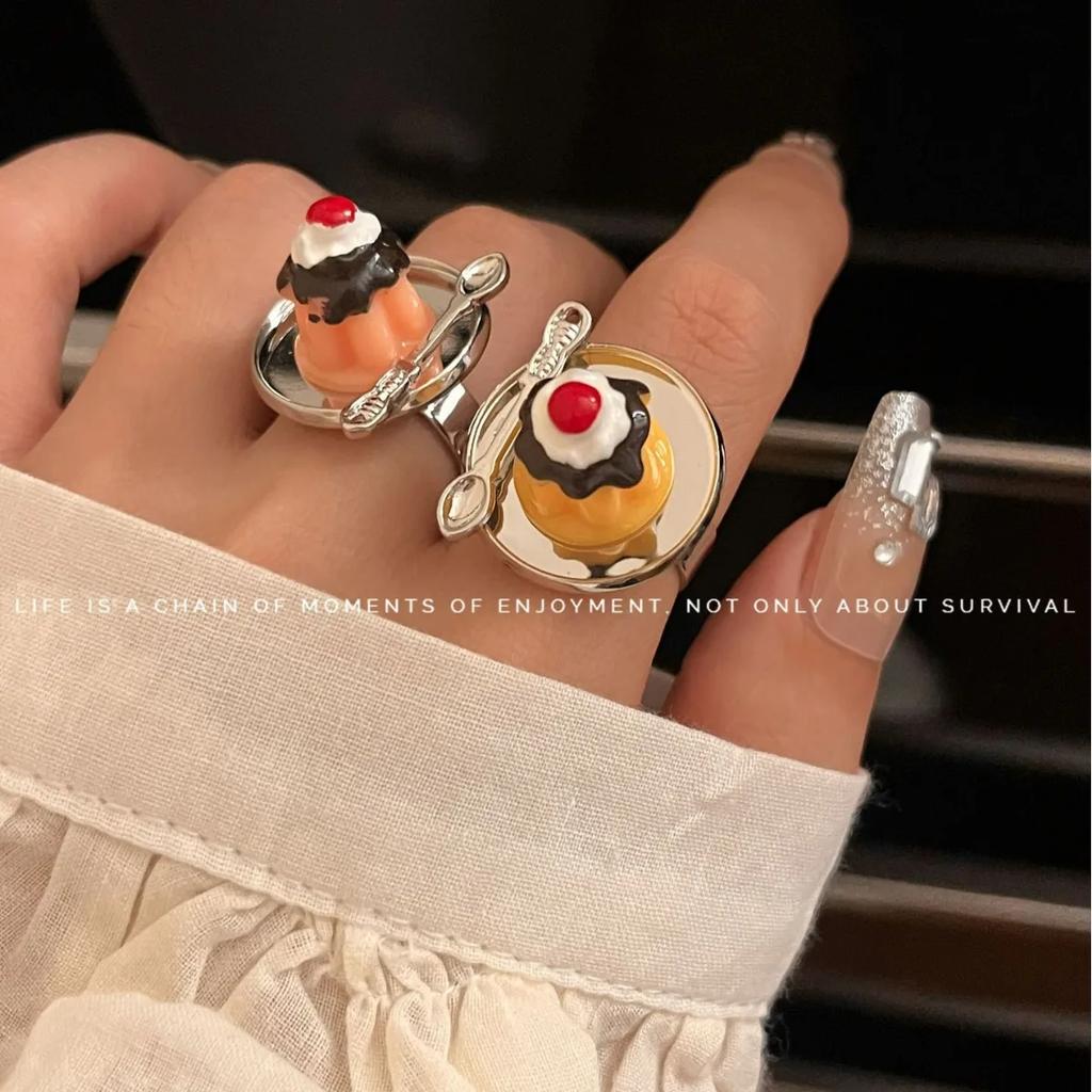Fashion Hip Hop Design Cake Ring Cherry Chocolate Fruit Cake Afternoon Tea Ring Birthday Gift Accessories Cute Food Rings Girl