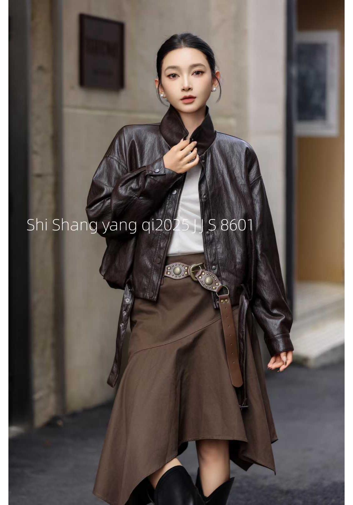 

JJS 2025 Autumn Retro Leather Lapel Jacket - European & American Fashion, Long Sleeve Button-Up. L [118-145 lbs] темно-коричневого