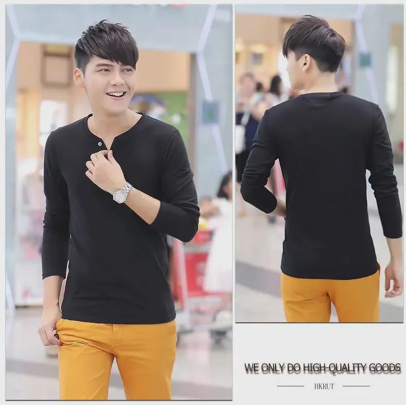 Herren-T-Shirt aus Baumwolle im koreanischen Stil mit V-Ausschnitt und langen Ärmeln und schmaler Passform