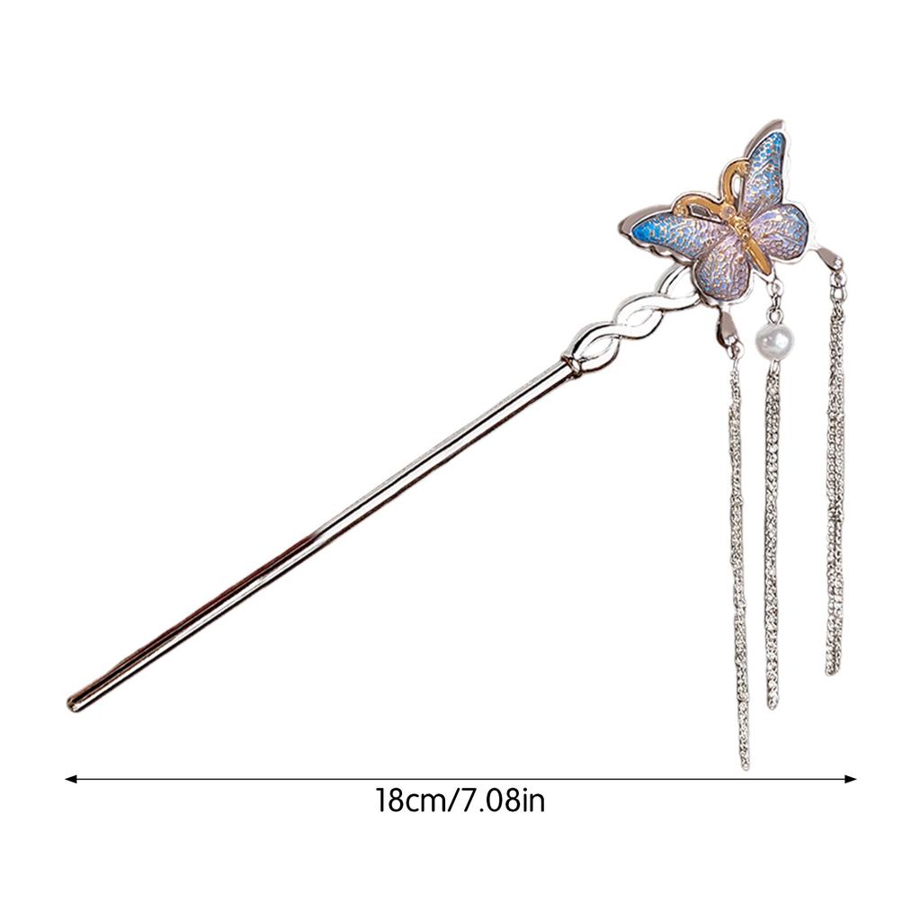 Colorful Butterfly Tassel Hair Sticks Retro Chinese Style Hair Forks Chain Tassel Hairpins Hair Bun Maker Jewelry for Women