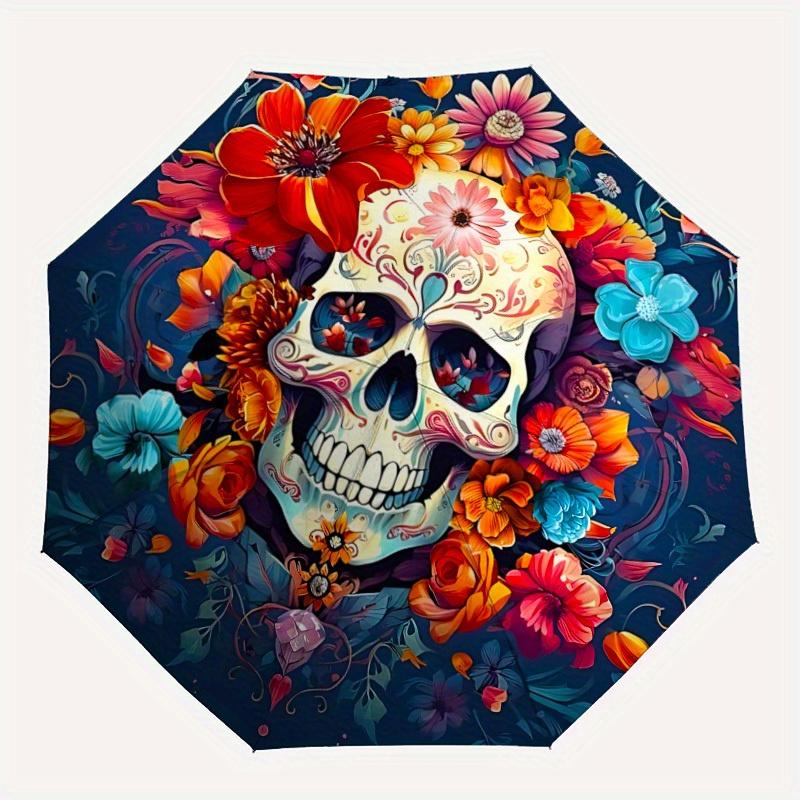 

1pc Sugar Skull Flowers Automatic Open/close, Heavy-Duty Iron Frame & 8-Rib structure, Compact Folding Umbrella for Women/Men, All-Season Travel, Hall