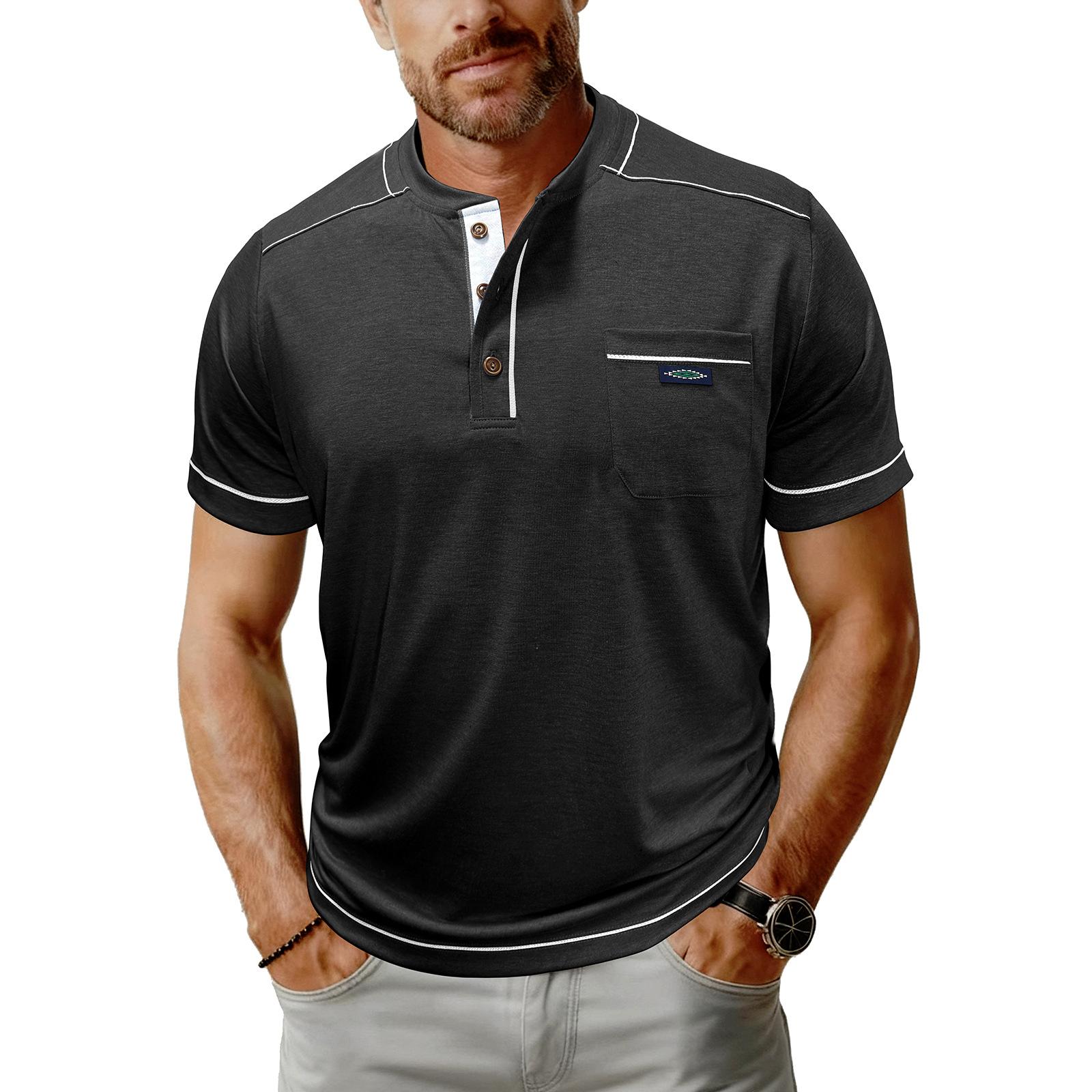 Men s Short-sleeved, Casual Button-down Round-neck Top With Loose, Ruffled Cuffs And Contrasting Colors L чёрный