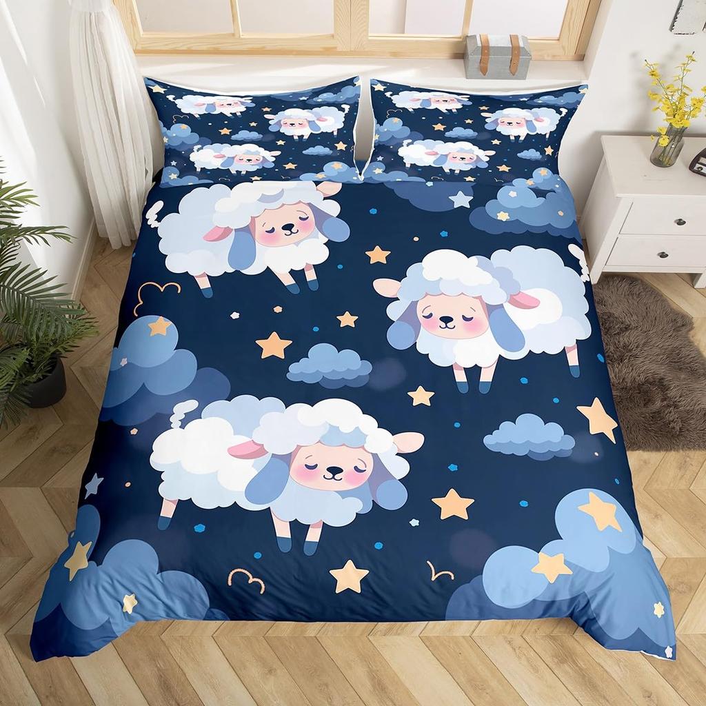 Cute Sheep Bedding Set Cartoon Animal Comforter Cover for Kids Flower Floral Print Duvet Cover Farm Zoo Garden Theme Quilt Cover