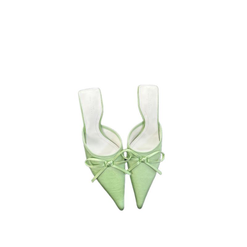 Pointed head bag head empty slippers women's outer wear bow half-drag stiletto high heels sandals
