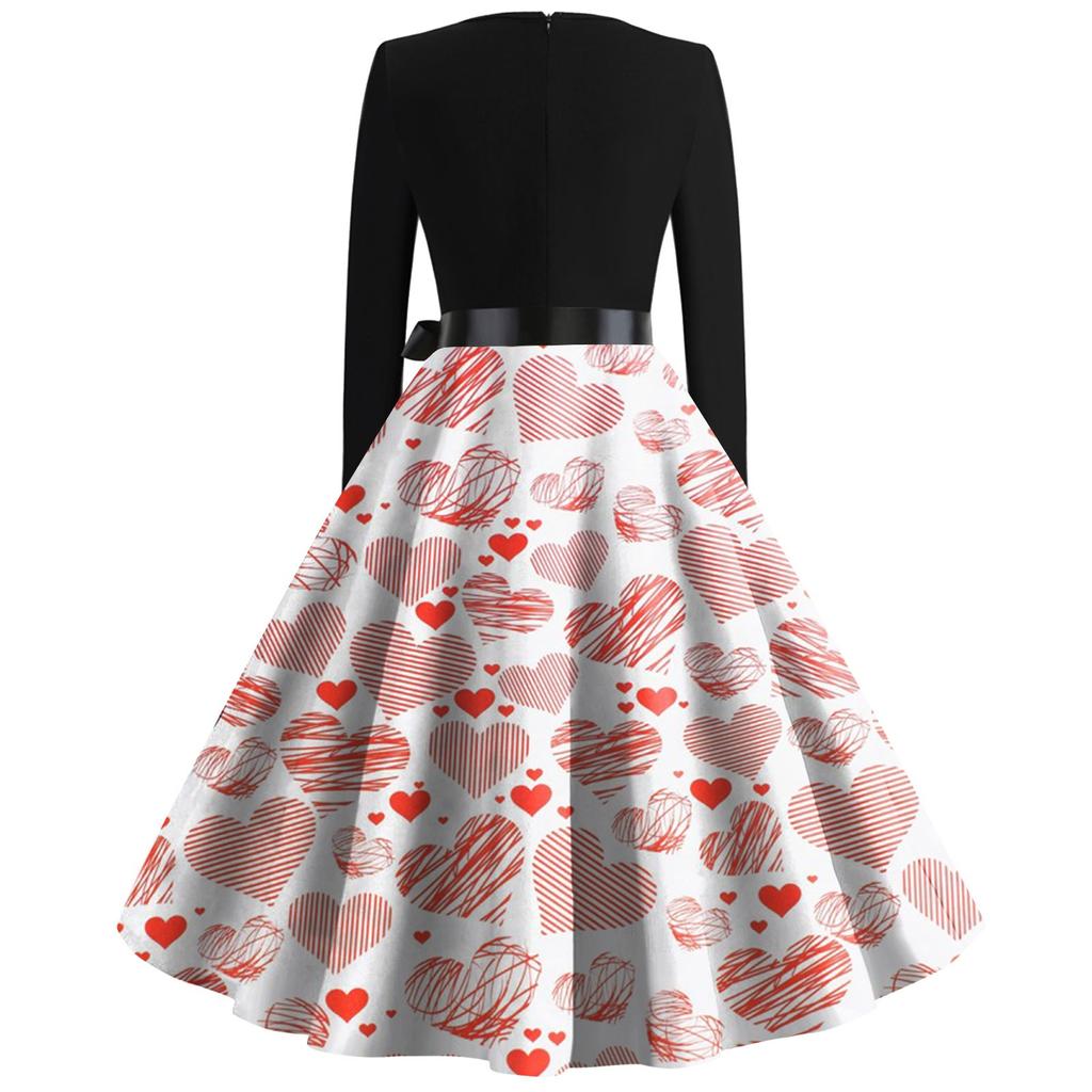 Love Print Flared Dress Women's Long Sleeve Dress Party Casual Dress Valentine's Day
