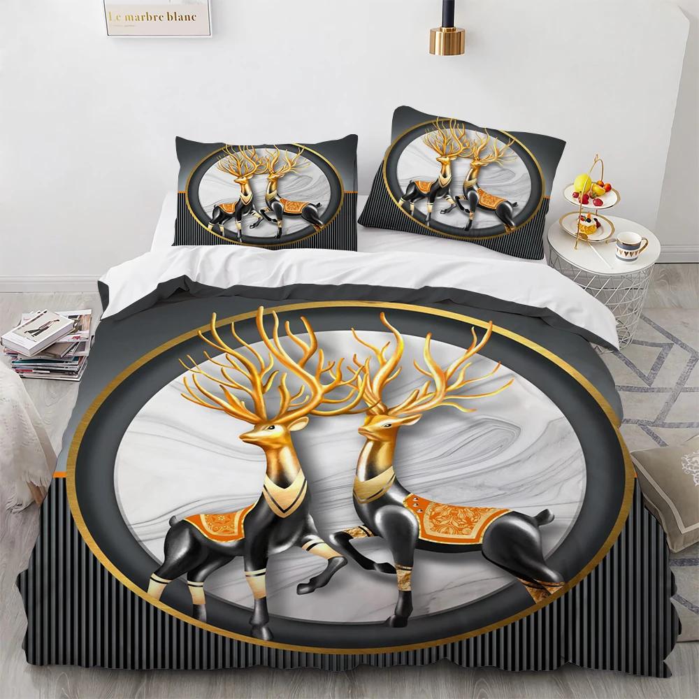 Cartoon Elk Duvet Cover King Queen Size Golden Deer Pattern Bedding Set for Teens Adults Wild Buck Quilt Cover with Pillowcase