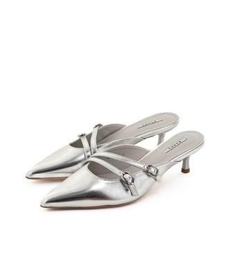 Randa Double Strap Pointed Toe Mule Pumps ED35194 SILVER L