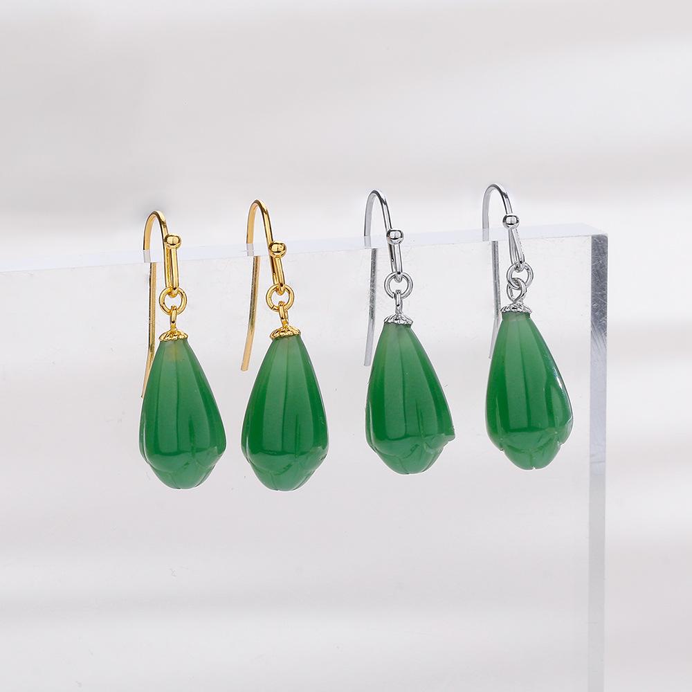 Hetian Jade Orchid Earrings Retro Court Style Emerald Classical Ear Hook Gentle Temperament Elegant Flower Earrings Female