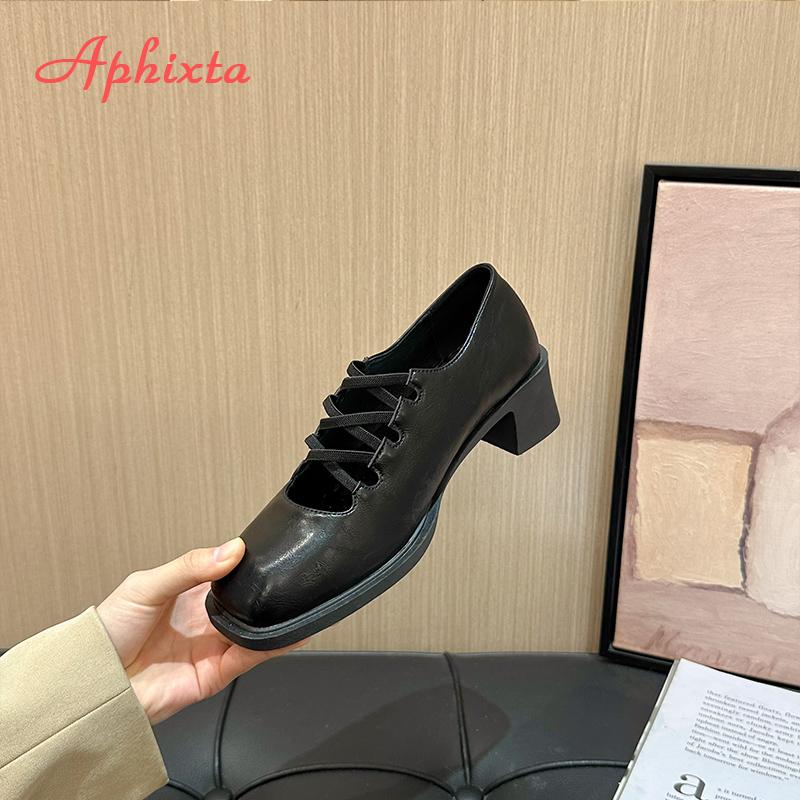 Fashion Aphixta Elegant Woman Shoes Red Cross Starp Leather Pumps Female Shallow Mary Janes  Square Toe Shoes Drop Shipping Plus Size 43