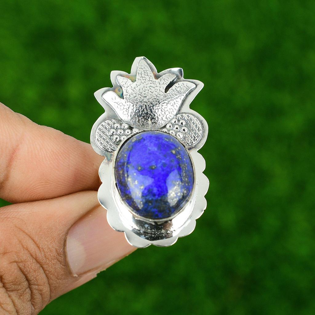Oval Natural Lapis Lazuli 925 Silver Ethnic Statement Throat Chakra Ring Jewelry