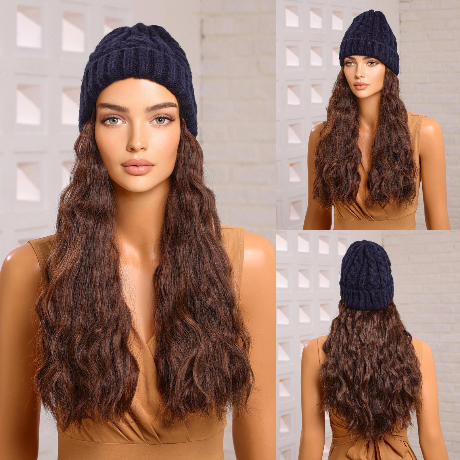 

ALAN EATON Hat Wigs Cap with Hair Straight Natural Black Color Connect Winter Knitted Beanie Synthetic Hair Women Daily Party High Temperature