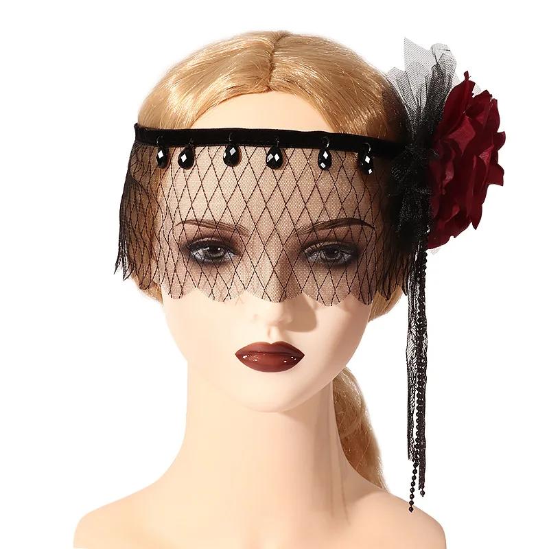 

Аксессуары для вечеринки в стиле Гэтсби, готическая роза, головной убор, элегантный COS, мейкап, черная сетчатая повязка на голову, костюмы на Хэллоуин для женщин 1 чёрный