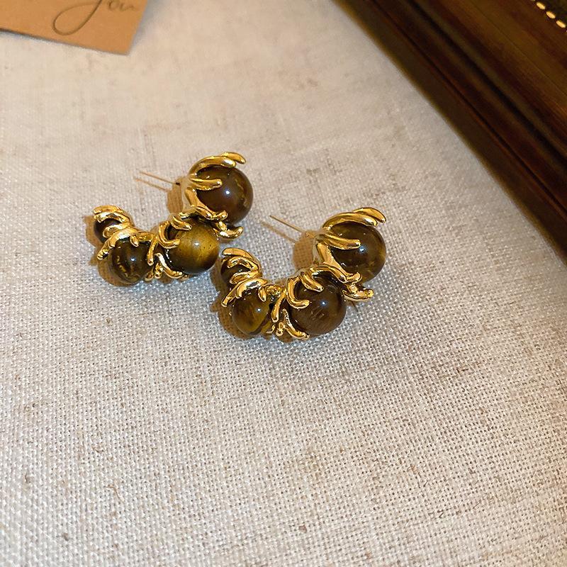 Silver Needle Maillard Irregular Oval Tiger's Eye Earrings Earrings Vintage Style Earrings Women