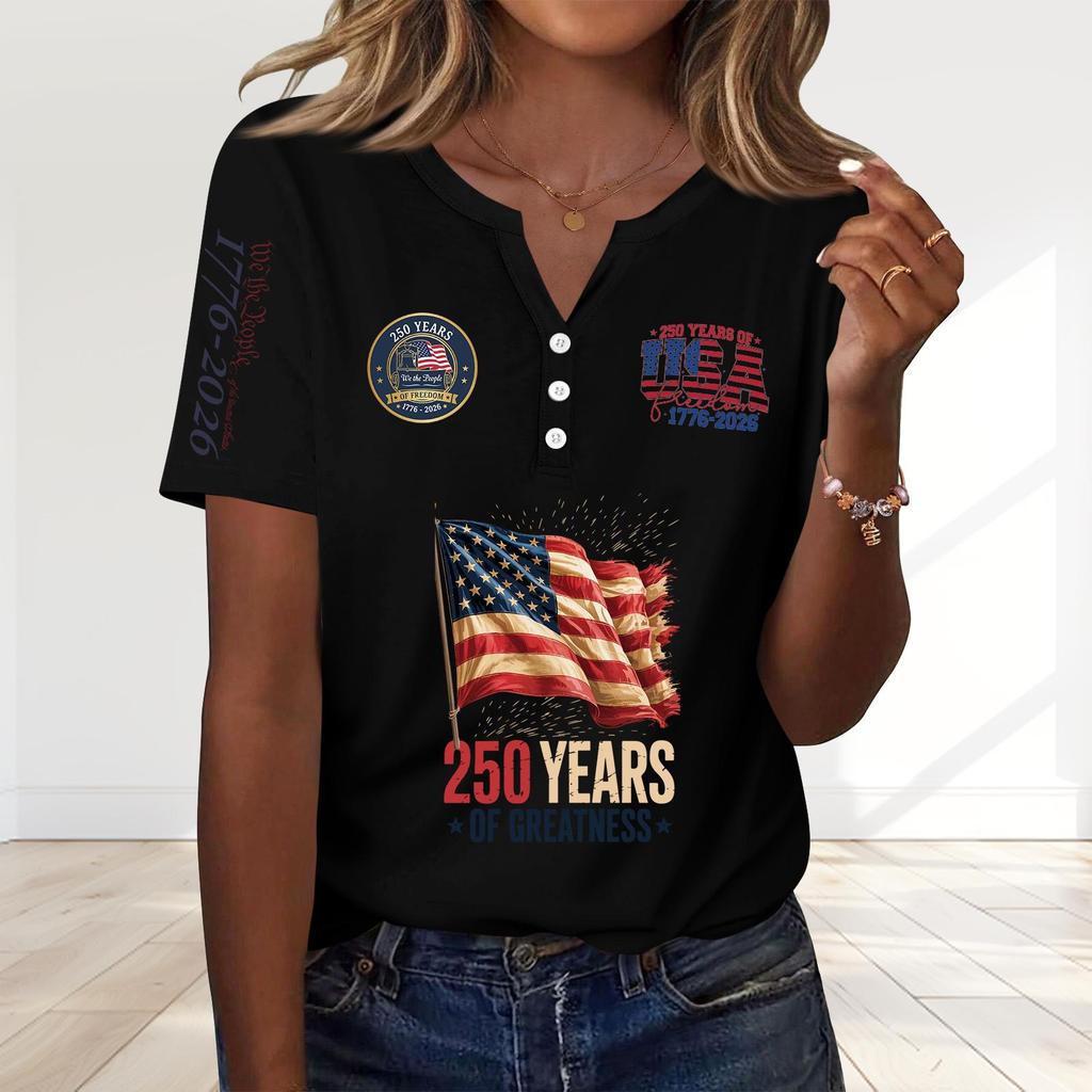 Women's Fashion Casual 250th Anniversary Independence Day Print V-Neck Short Sleeve Decorated Button-Up T-Shirt