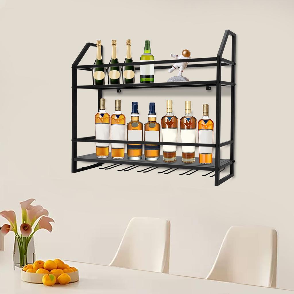Wall Mounted Wine Rack Holder, Black Steel Frame, Modern Bar Storage Shelf With 66 lbs Load Capacity For Kitchen, Dining Room