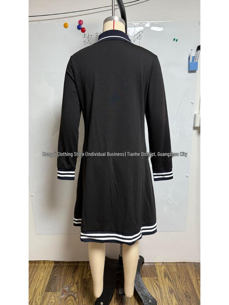 2026 Women's Casual Color Block Lapel Zipper Dress with Pockets