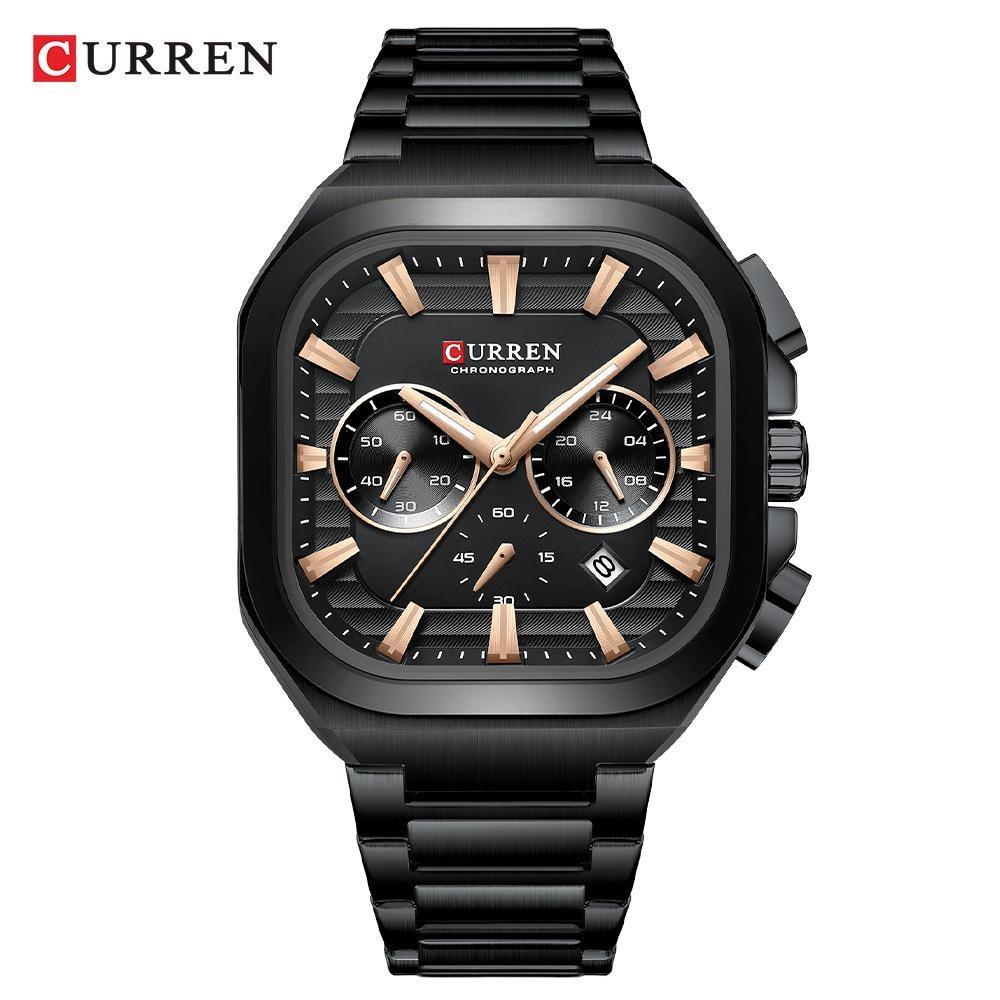 CURREN Men Square Quartz Watch Multifunction Chronograph Green Dial Waterproof Calendar Stainless Steel Mens Business Wristwatch