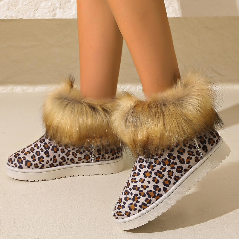 Fashion Fashion Leopard Furry Non Slip Snow Boots Women 2025 Winter Warm Short Plush Ankle Boots Luxury Faux Fur Decoration Booties