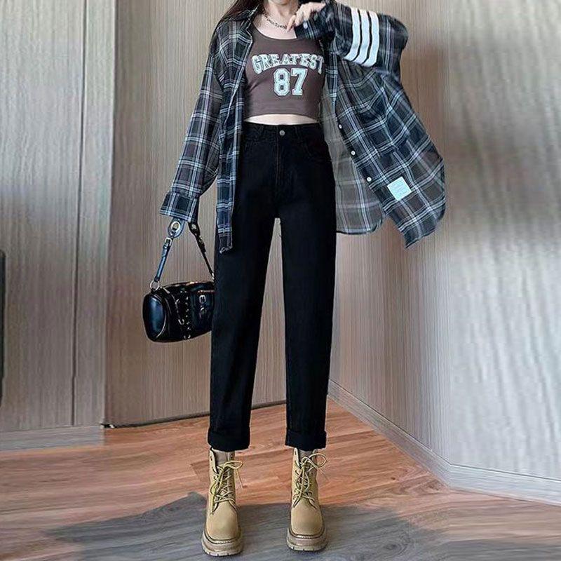 

Plus Size High Waist Wide Leg Pear-Shaped Jeans with Floor-Length Raw Hem for Women S (85-100 jin)