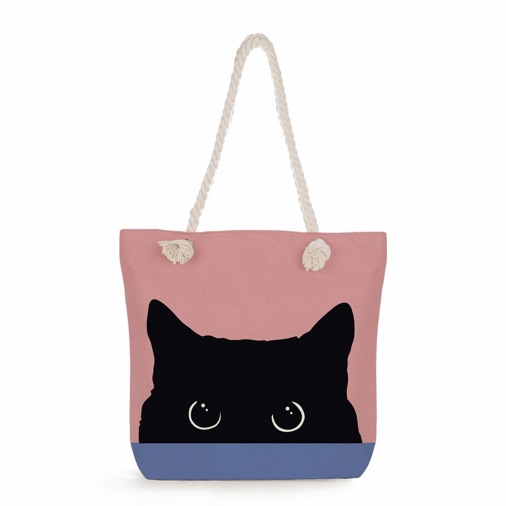 Bicolor cat print thick rope single-shoulder beach bag 7283 CLE