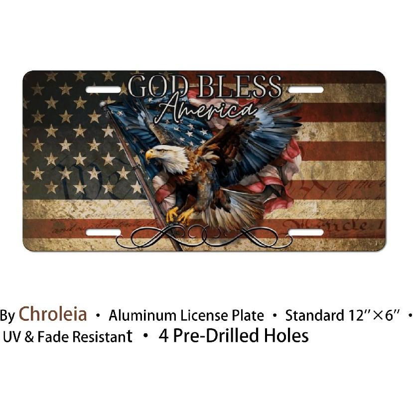 God Bless America License Plate – American Flag With Bald Eagle Patriotic Front Plate For Car, Truck, SUV – Durable Aluminum USA Auto Accessory